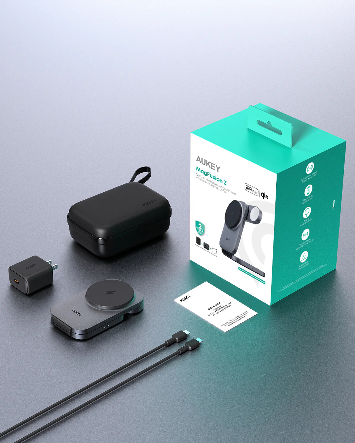 AUKEY LC-MC312 MagFusion Z Qi2 3-in-1 Foldable Magnetic Fast Wireless Charging Station