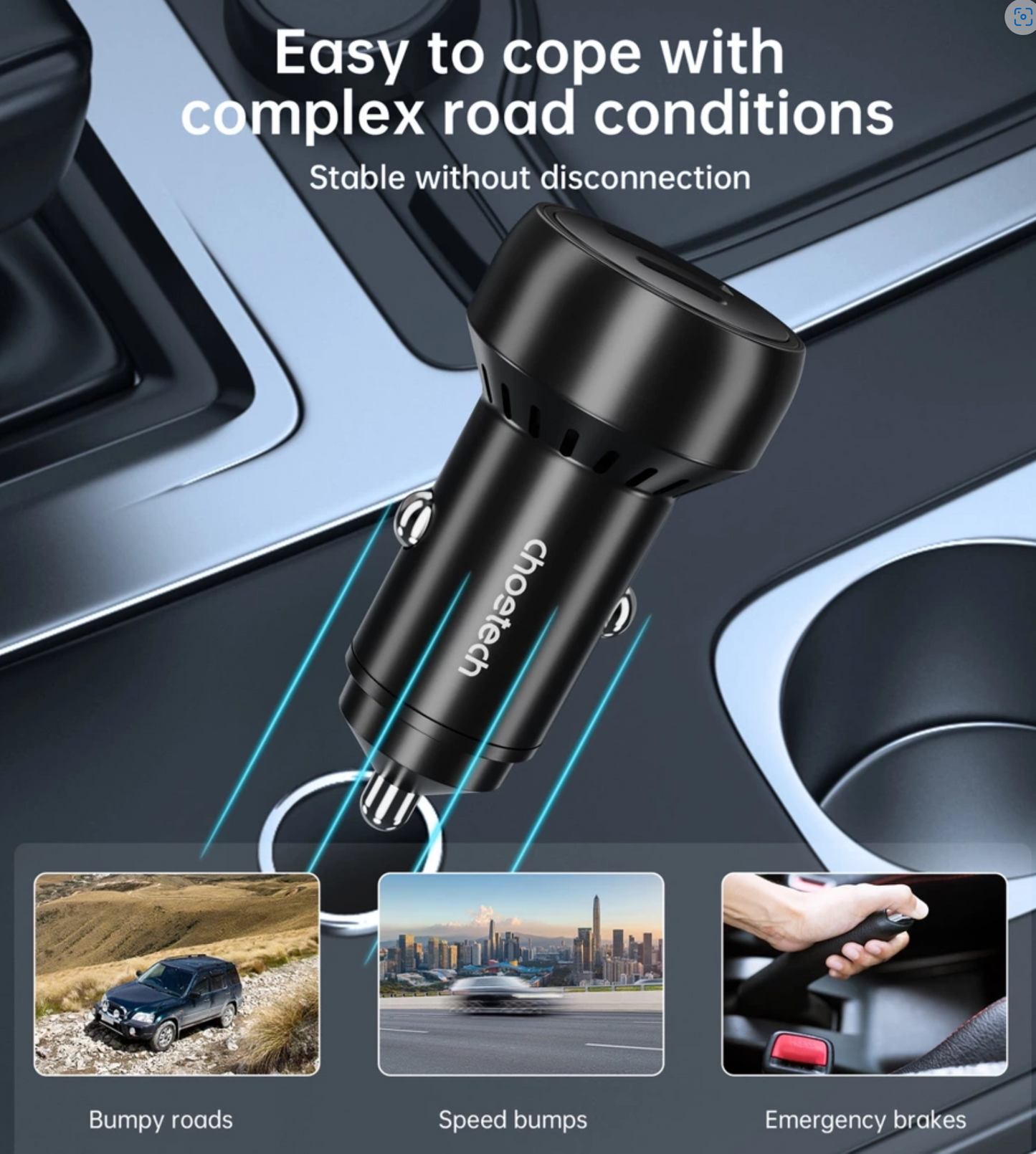 CHOETECH TC0014 USB-C USB-A PD 60W car charger with LED backlight - black